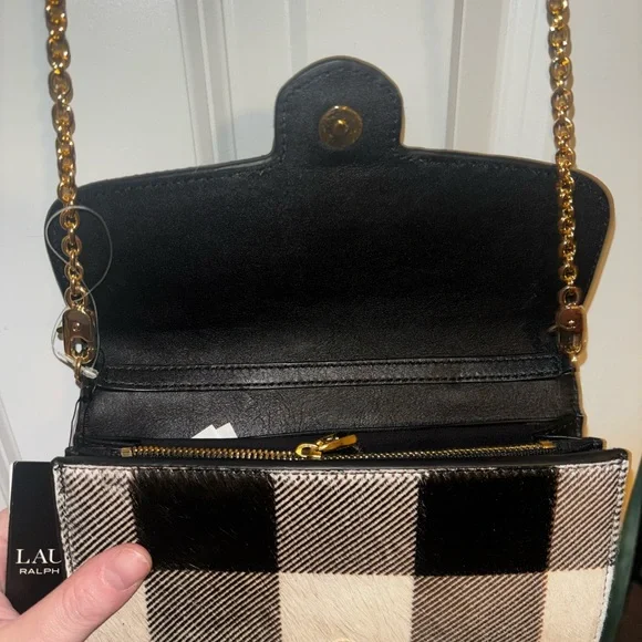 Ralph Lauren Black and Cream Plaid Crossbody Buffalo check hair on hide wallet - Picture 6 of 15